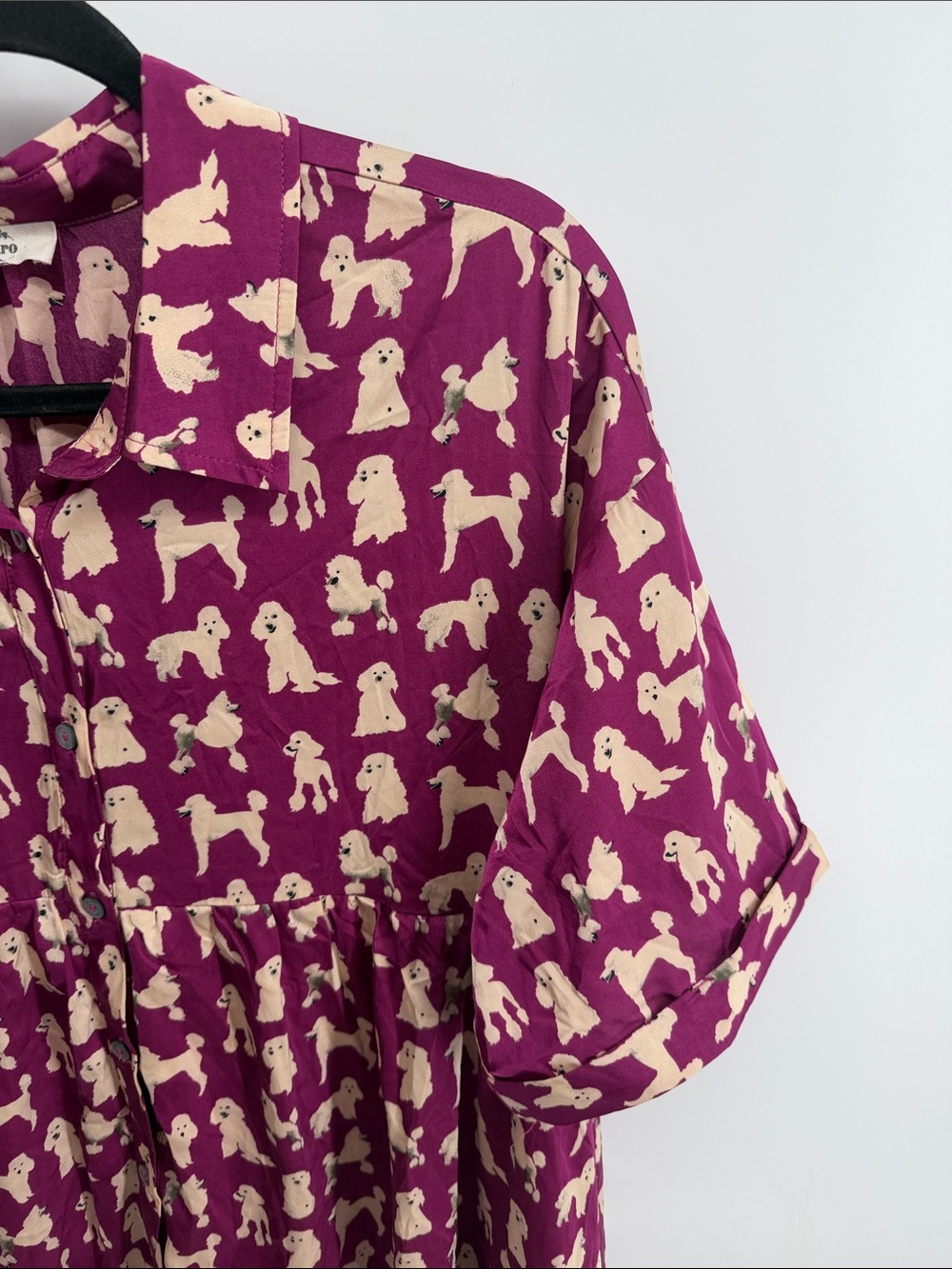 Entro satin short sleeve button up poodle dog novelty print shirt dress sz L - Picture 5 of 9